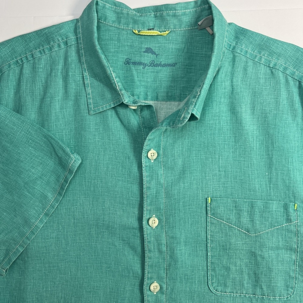 Tommy Bahama Linen Shirt Green Long Sleeve Mens XXL Chest Pocket Casual